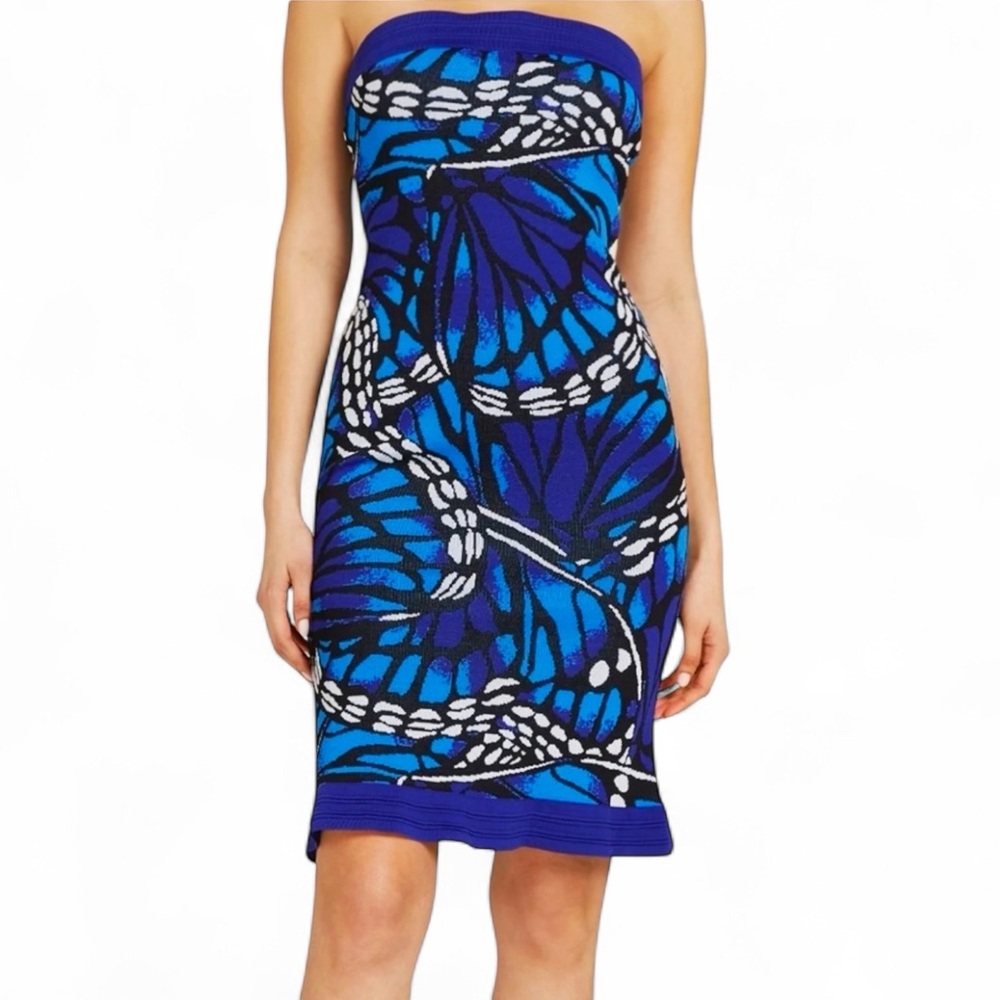 New York & Company Blue Butterfly Print Sweater Dress XL Knit Tube Resortwear